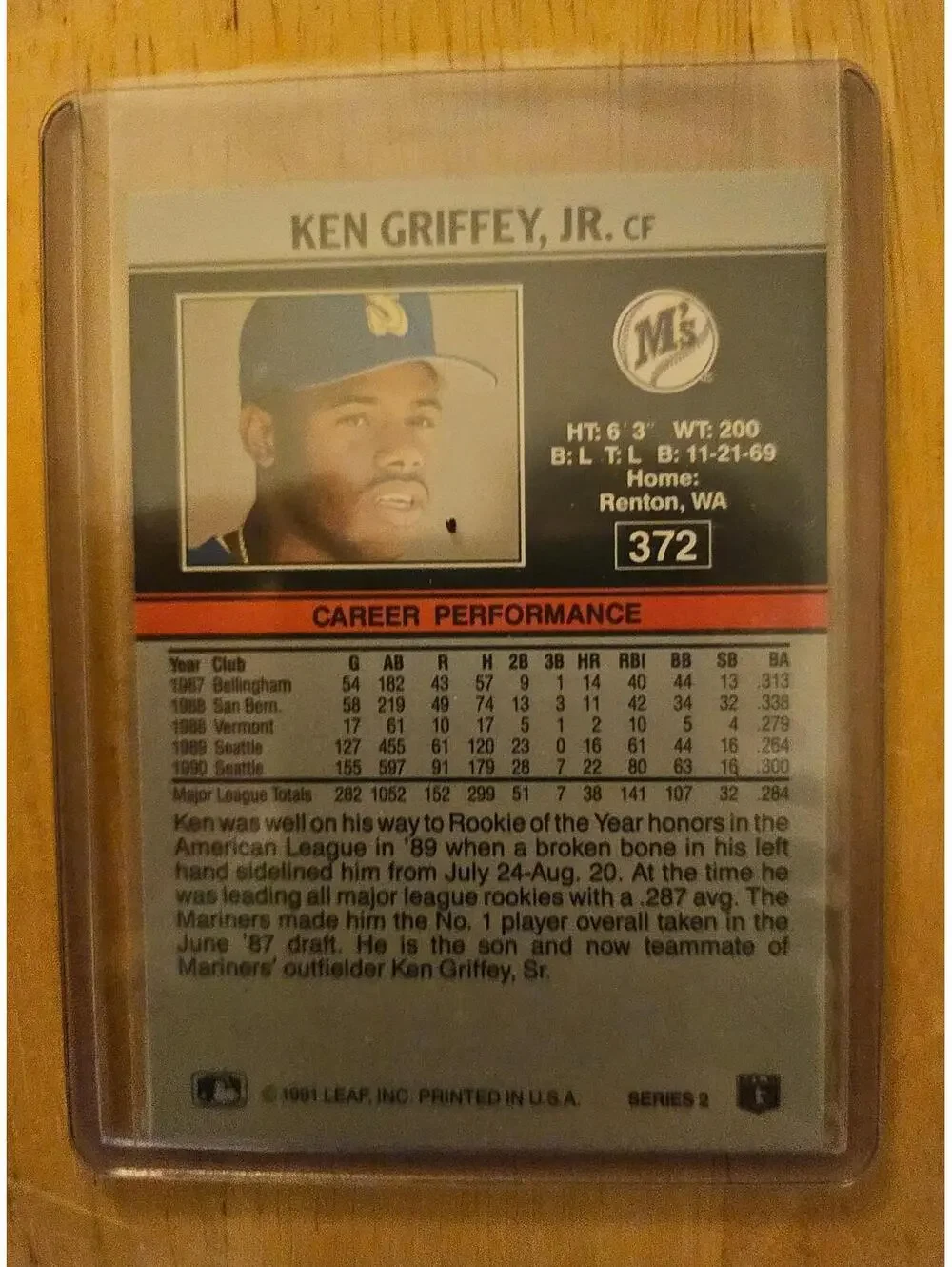 Ken Griffey Jr - 1991 Leaf  Baseball Card Seattle Mariners #372